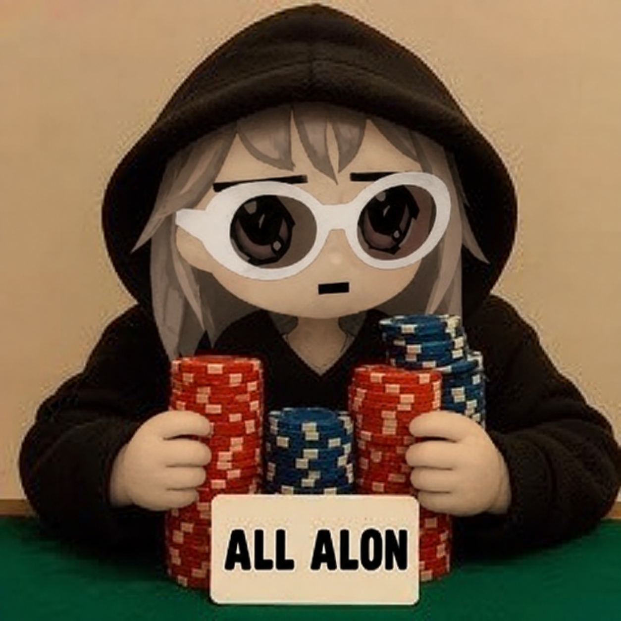 All Alon character in a black hoodie holding poker chips